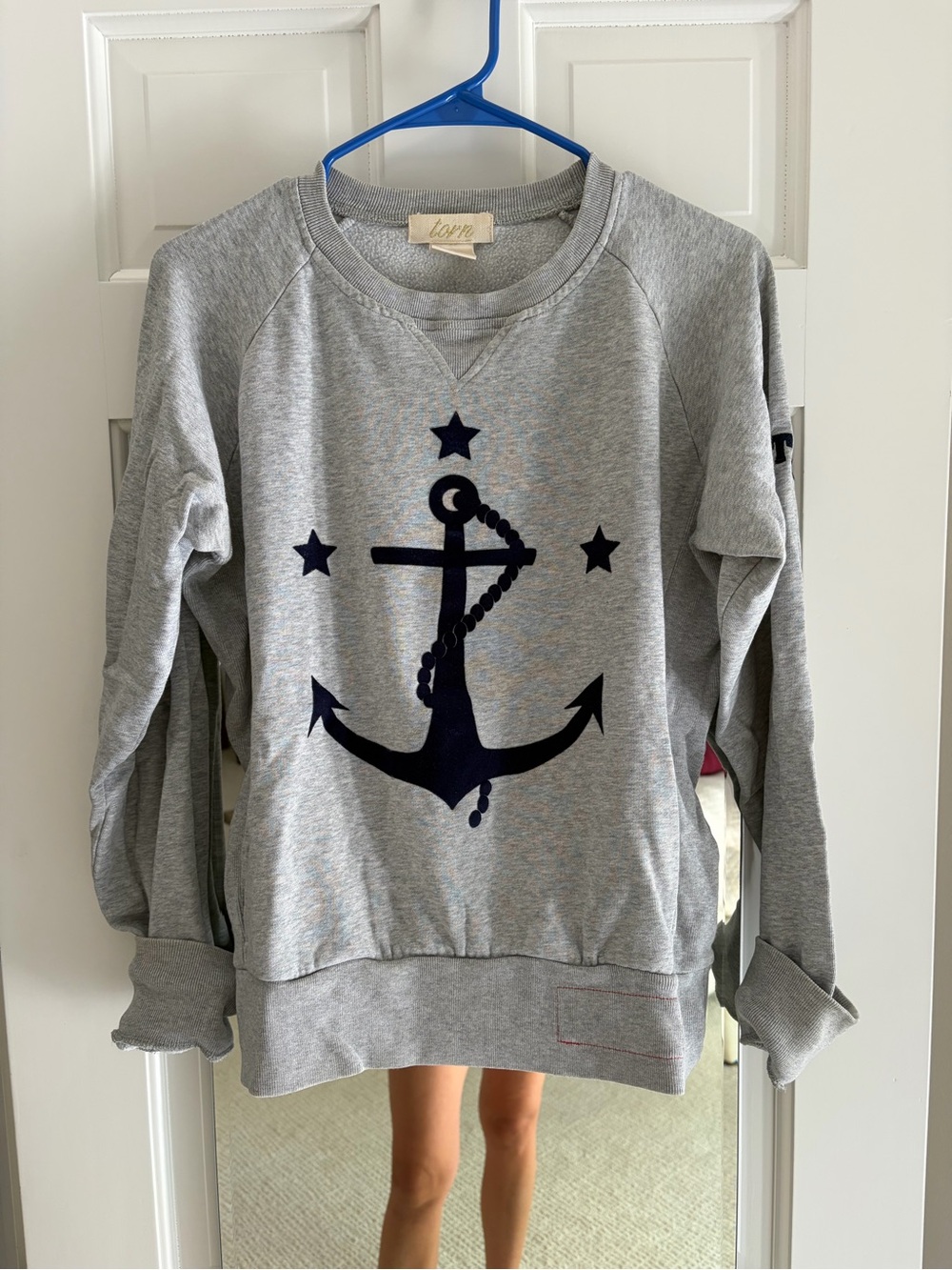 Torn by Ronny Kobo Grey Sweatshirt with Navy Anchor Graphic